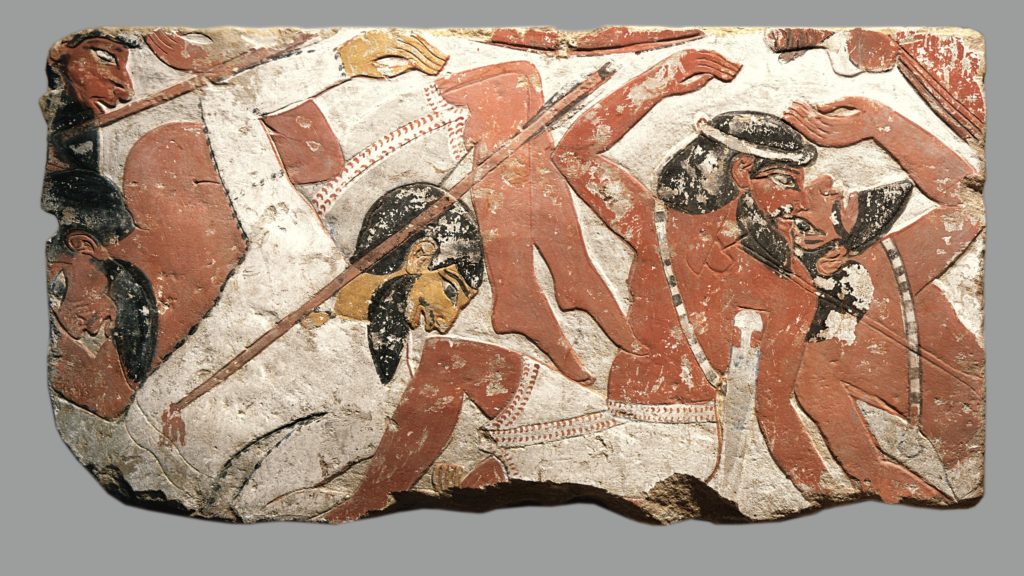 Relief fragment with vanquished enemies: A 3,400-year-old depiction of an Egyptian pharaoh crushing western Asian soldiers under his royal chariot Relief fragment with vanquished enemies: A 3,400-year-old depiction of an Egyptian pharaoh crushing western Asian soldiers under his royal chariot